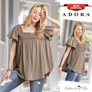 ADORA Princess Sleeves Tie Back Detail Square Neck Garment Washed Top | Olive